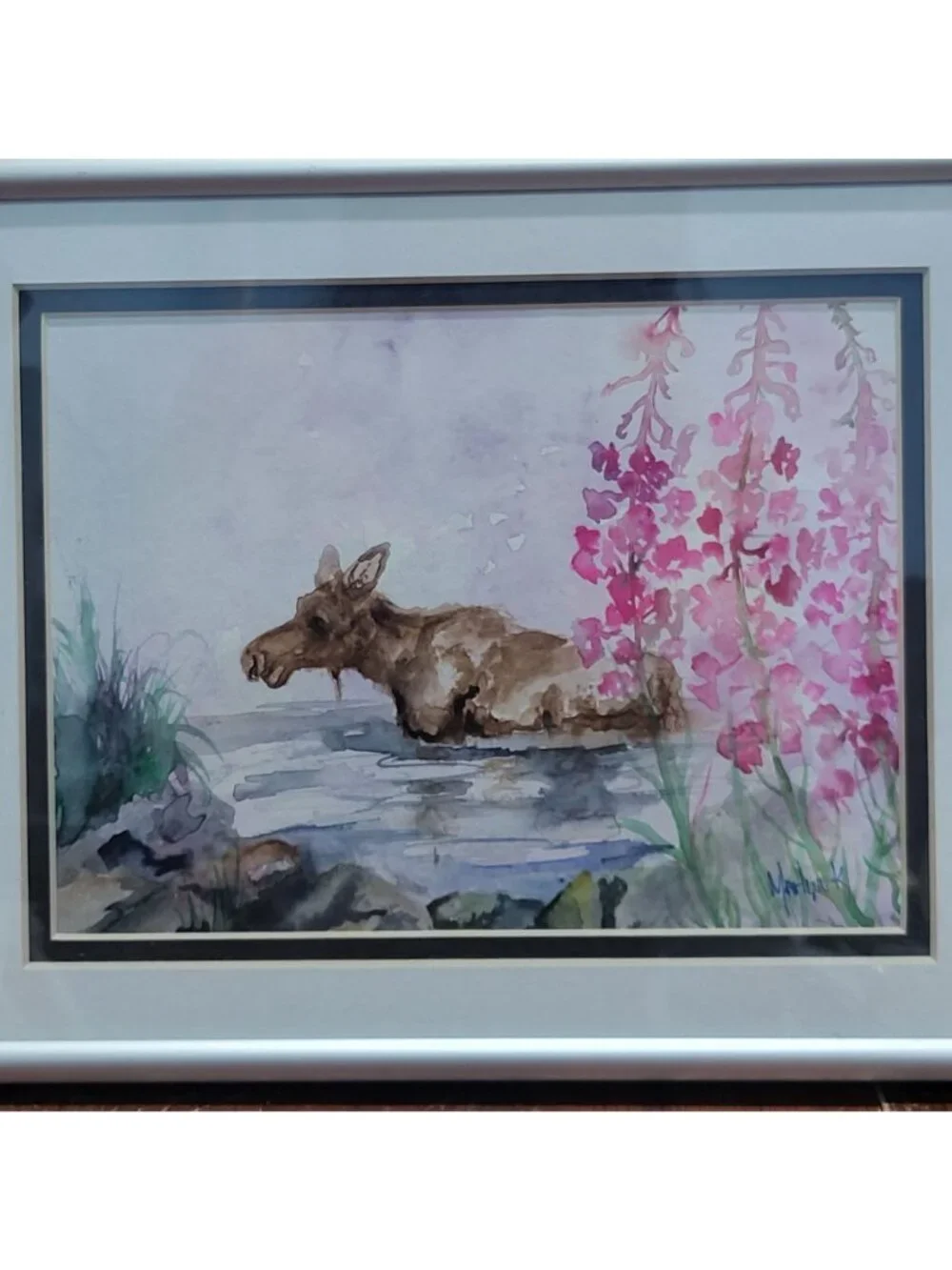 Watercolor Painting Art Print Moose in Water Pink Flower Signed MarLynk